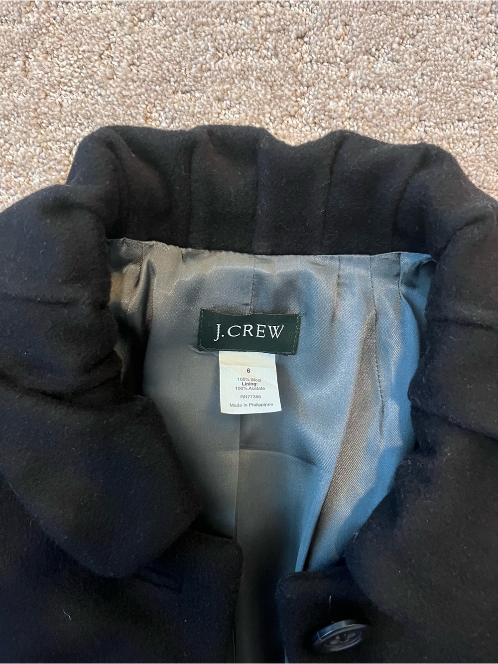 J Crew Women’s Black Single-Breasted Wool Coat Ruffle Collar - Picture 3 of 8